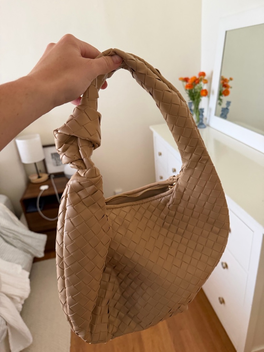 Woven Hobo Shoulder Bag in Tan